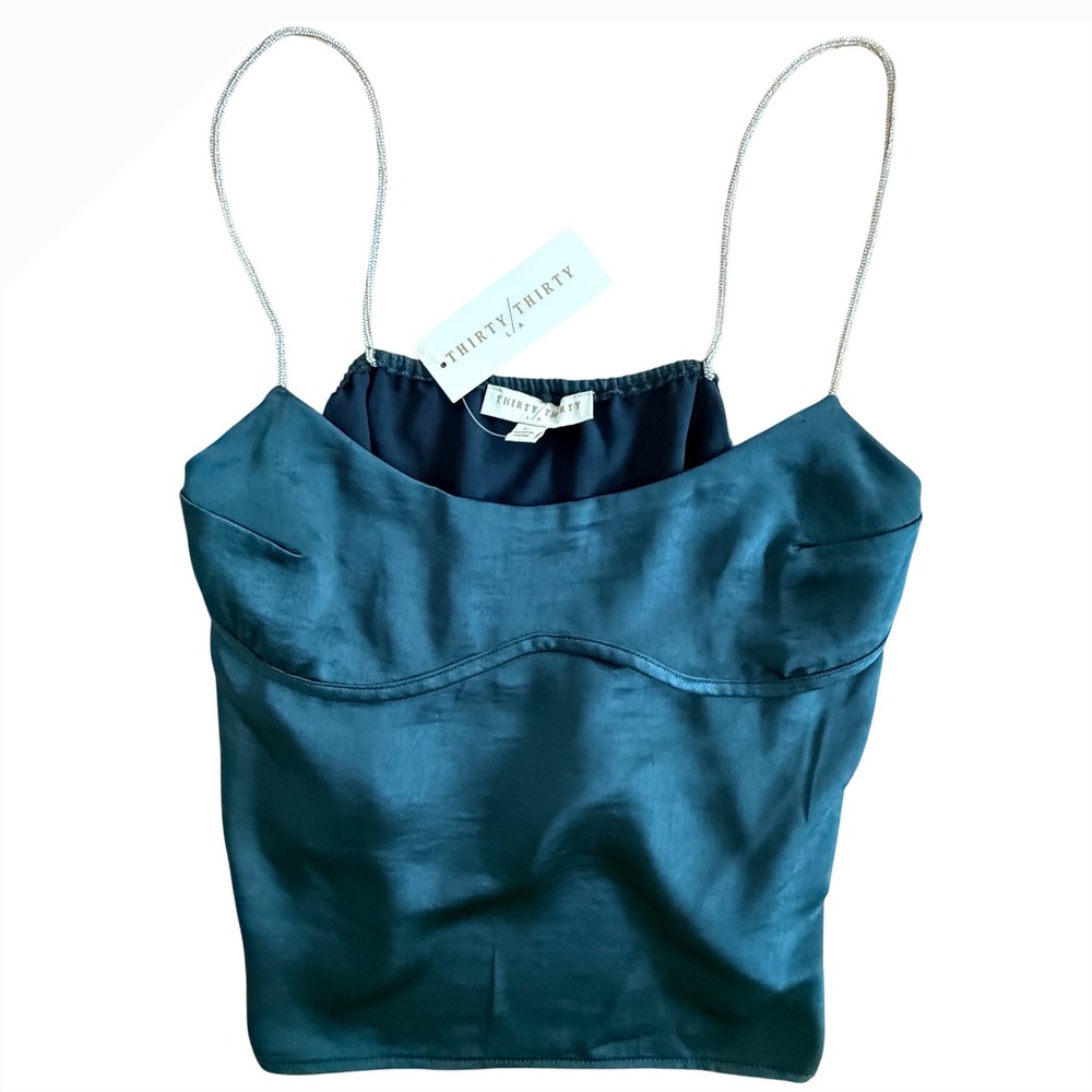 Y2K NWT Teal Satin Bustier Cami Top Rhinestone Straps Womens L Thirty Thirty LA